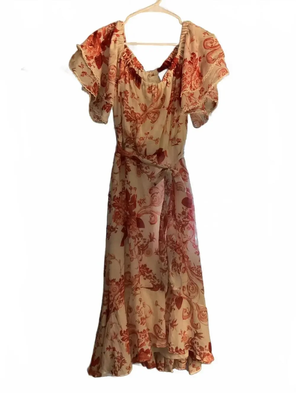 Gabby Skye White and Pink Floral Midi Dress with Ruffled Hem Size 10 - Picture 2 of 12